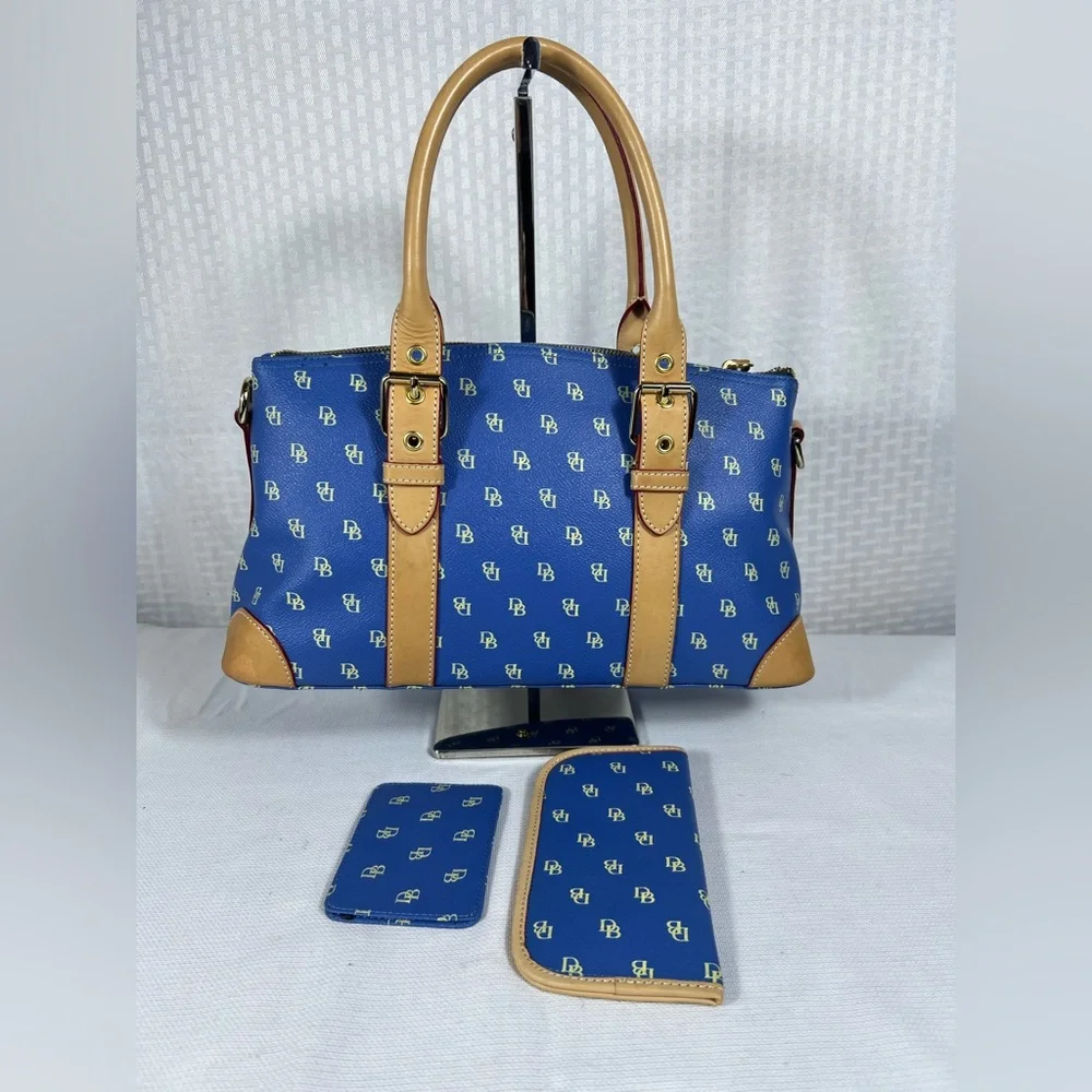 4222: Dooney & Bourke Blue DB Monogram 3 Pc Satchel Wallet Glasses Case Set